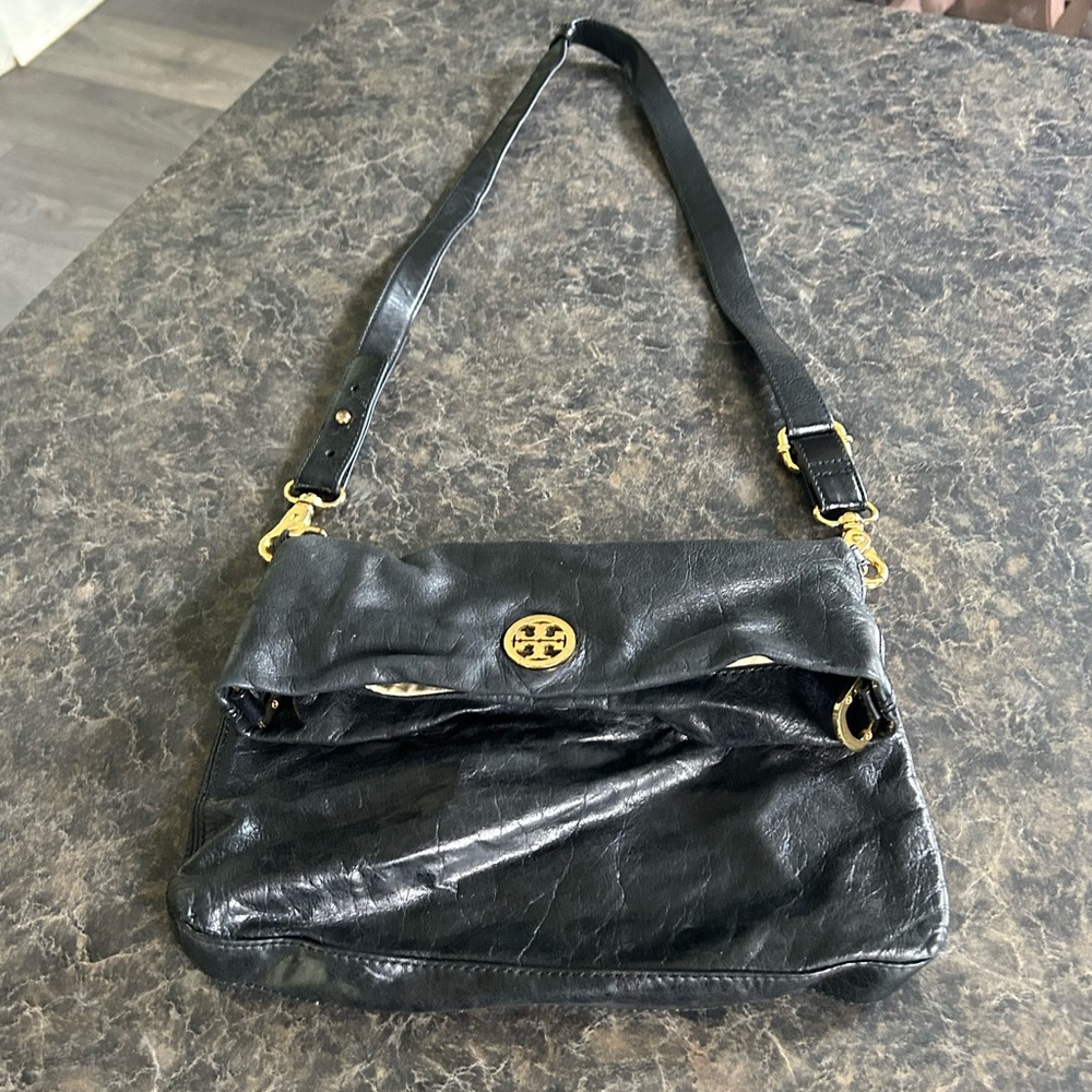 Tory Burch Dena messenger foldover black leather bag